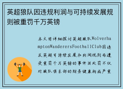 英超狼队因违规利润与可持续发展规则被重罚千万英镑