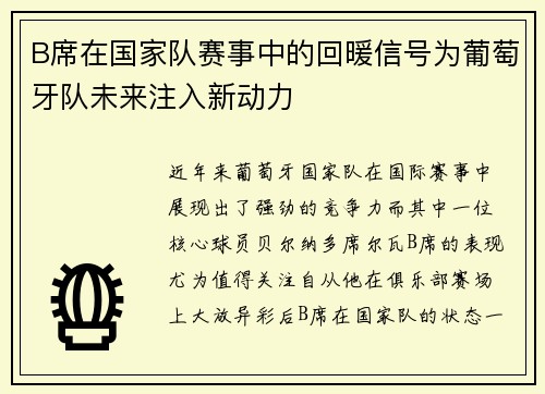 B席在国家队赛事中的回暖信号为葡萄牙队未来注入新动力